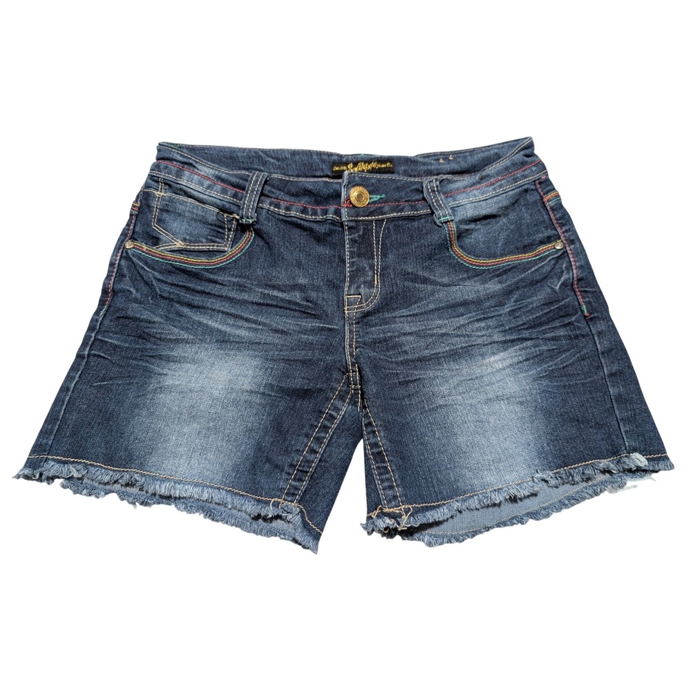 Southpole Rainbow Stitch‎ Denim Shorts Dark Wash Frayed Hem Womens Size 7